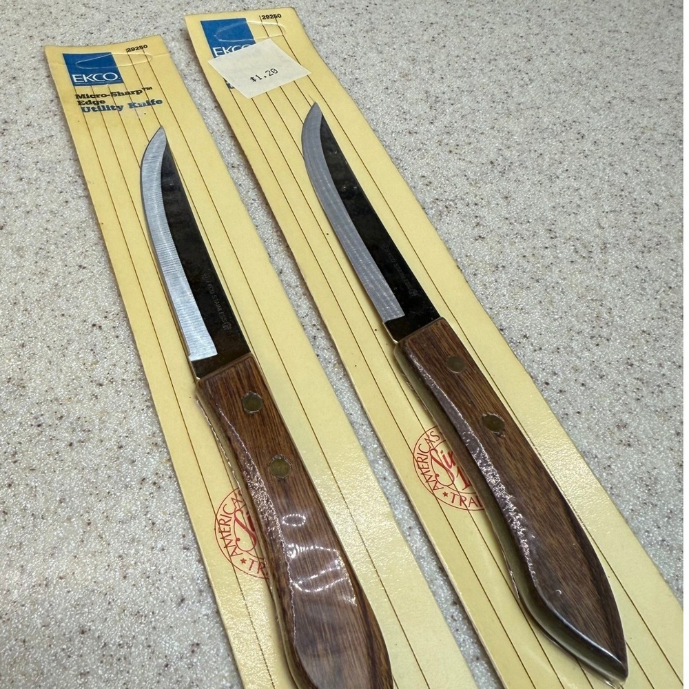 NEW Set of 2 Vintage EKCO Micro-Sharp Edge Utility Knife Wood Handle 29250 USA